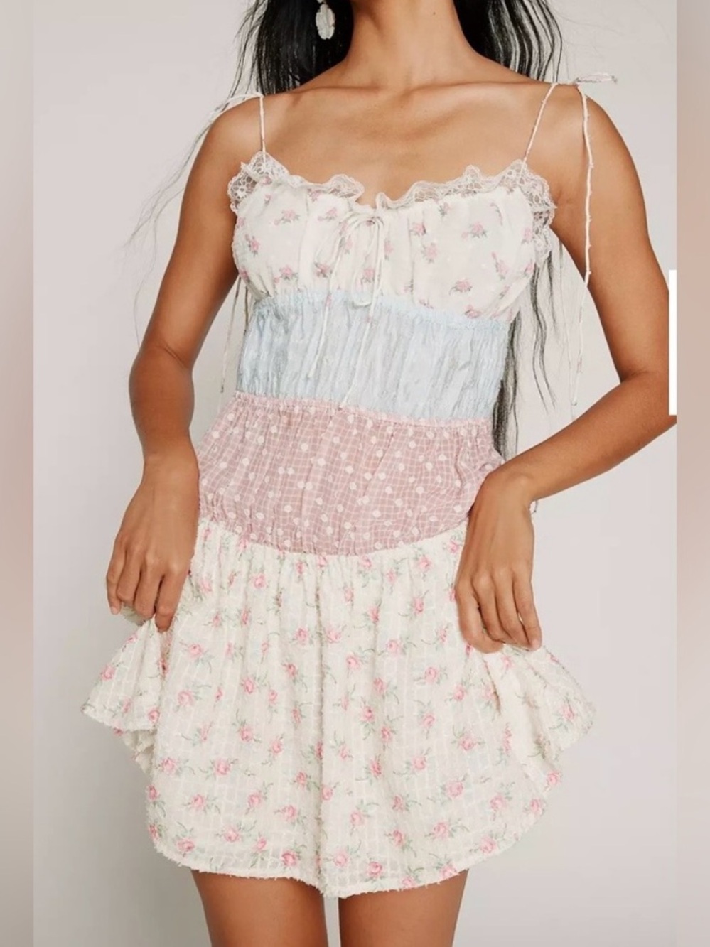 For Love & Lemons Elula Mini Dress floral patchwork ruffled lace